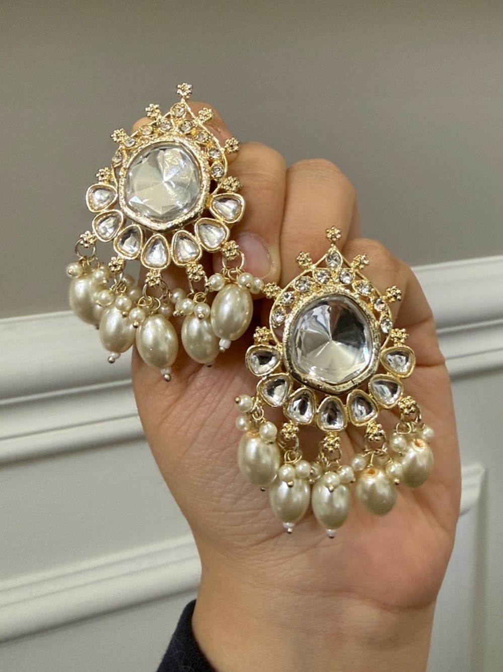 Light Gold and Pearl Earrings with Clear Stones - Artificial Jewelry